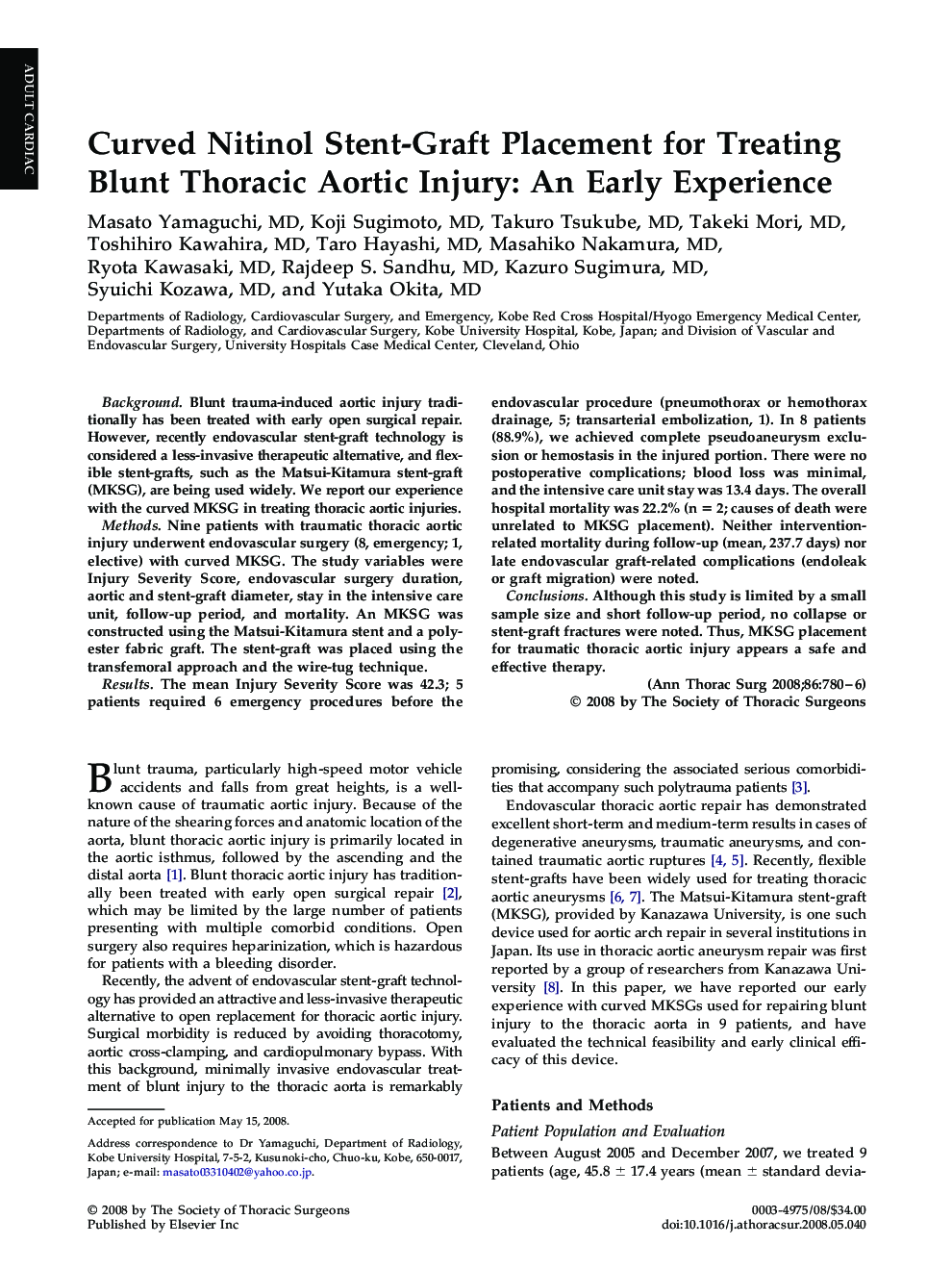 Curved Nitinol Stent-Graft Placement for Treating Blunt Thoracic Aortic Injury: An Early Experience