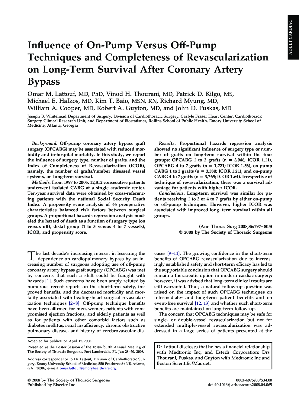 Influence of On-Pump Versus Off-Pump Techniques and Completeness of Revascularization on Long-Term Survival After Coronary Artery Bypass