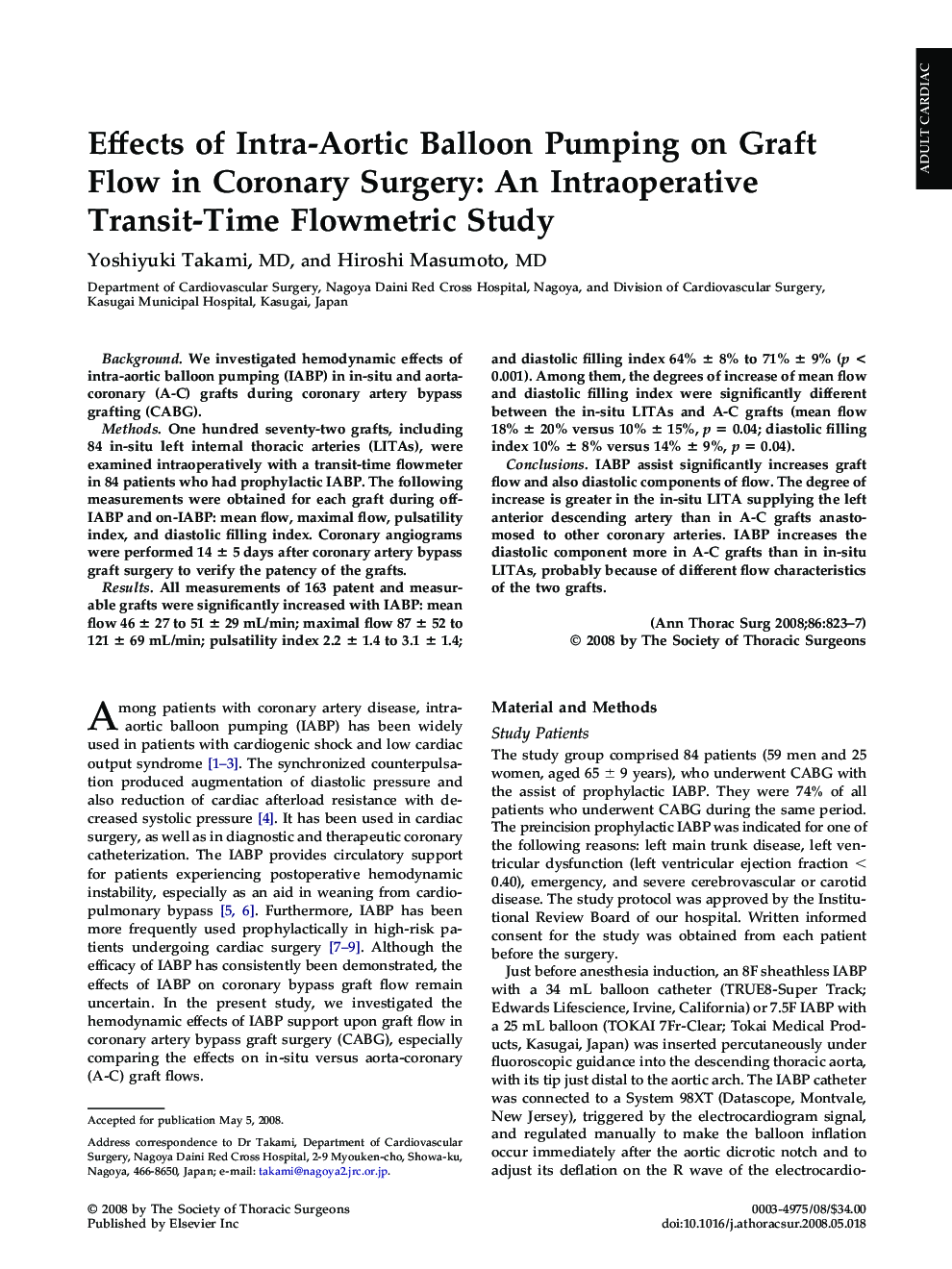 Effects of Intra-Aortic Balloon Pumping on Graft Flow in Coronary Surgery: An Intraoperative Transit-Time Flowmetric Study