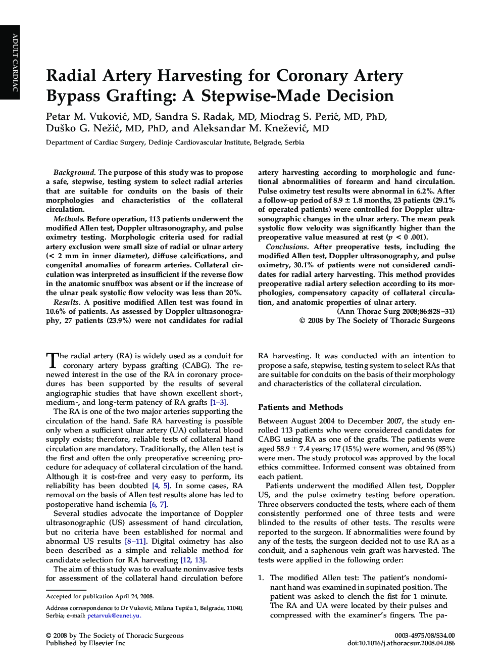 Radial Artery Harvesting for Coronary Artery Bypass Grafting: A Stepwise-Made Decision