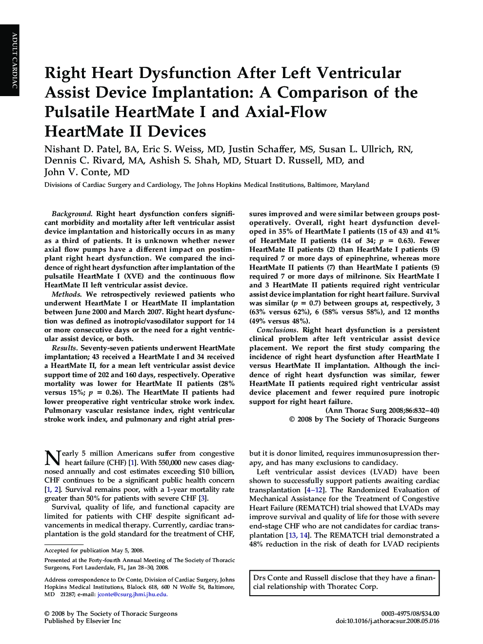 Right Heart Dysfunction After Left Ventricular Assist Device Implantation: A Comparison of the Pulsatile HeartMate I and Axial-Flow HeartMate II Devices