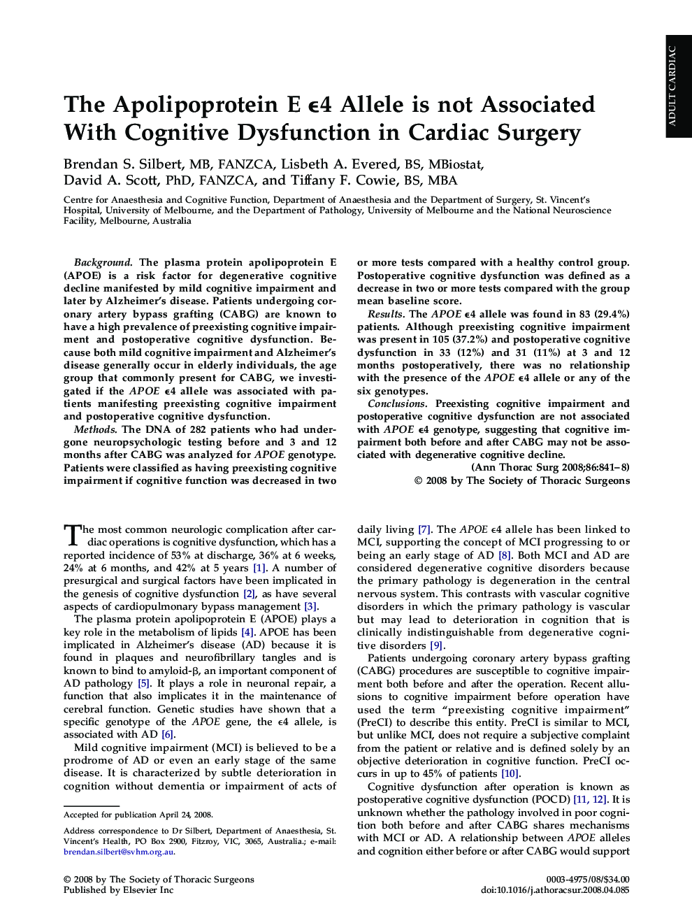 The Apolipoprotein E Ïµ4 Allele is not Associated With Cognitive Dysfunction in Cardiac Surgery