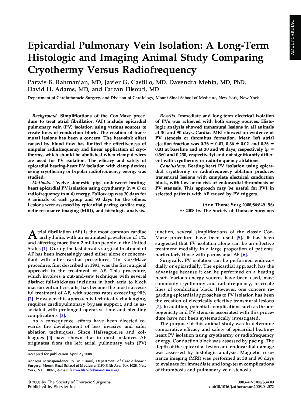 Epicardial Pulmonary Vein Isolation: A Long-Term Histologic and Imaging Animal Study Comparing Cryothermy Versus Radiofrequency