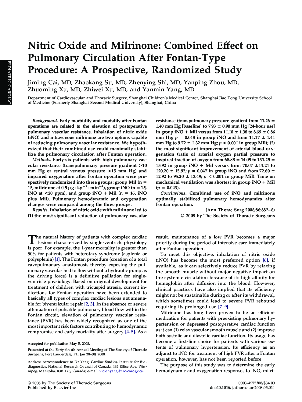 Nitric Oxide and Milrinone: Combined Effect on Pulmonary Circulation After Fontan-Type Procedure: A Prospective, Randomized Study
