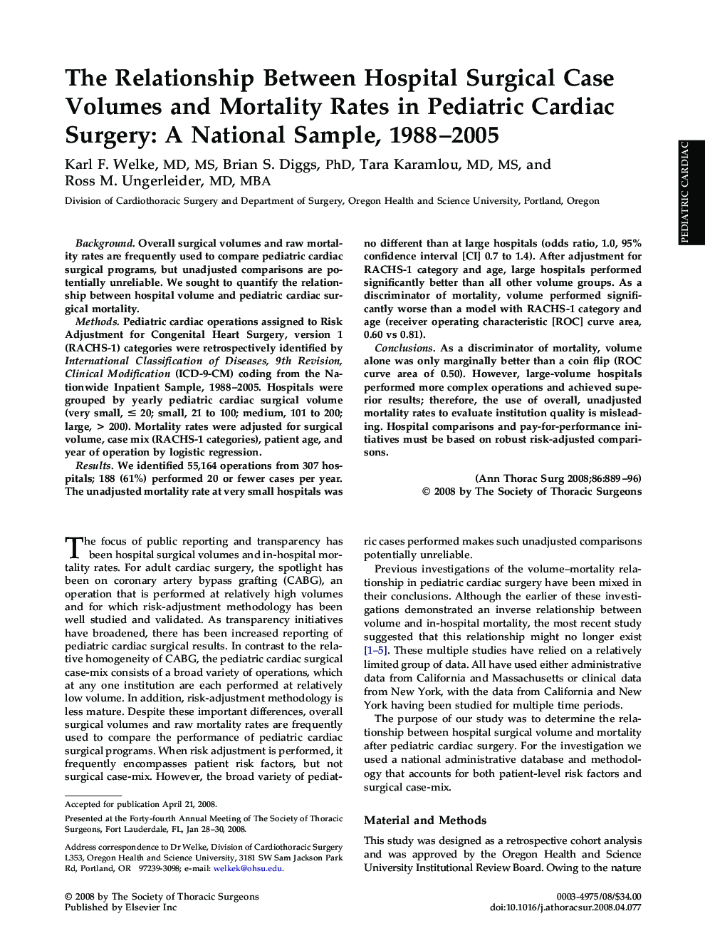 The Relationship Between Hospital Surgical Case Volumes and Mortality Rates in Pediatric Cardiac Surgery: A National Sample, 1988-2005