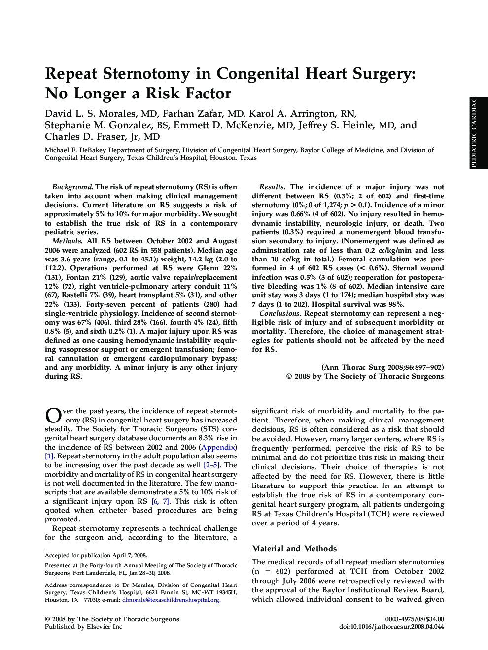 Repeat Sternotomy in Congenital Heart Surgery: No Longer a Risk Factor