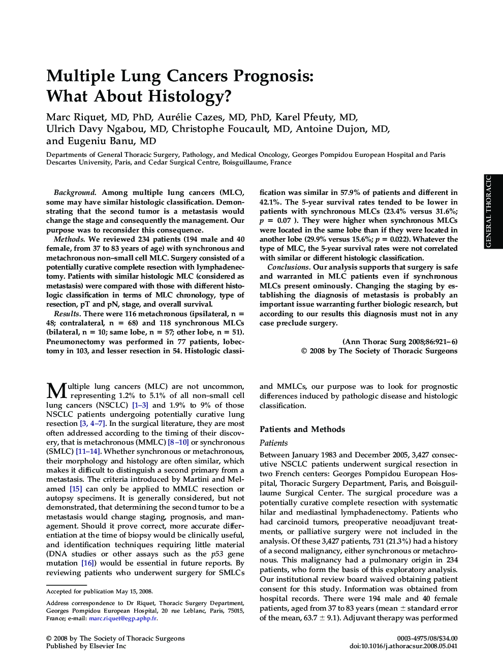 Multiple Lung Cancers Prognosis: What About Histology?