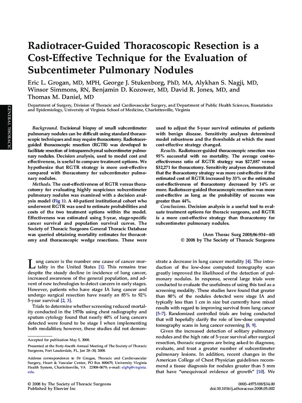 Radiotracer-Guided Thoracoscopic Resection is a Cost-Effective Technique for the Evaluation of Subcentimeter Pulmonary Nodules