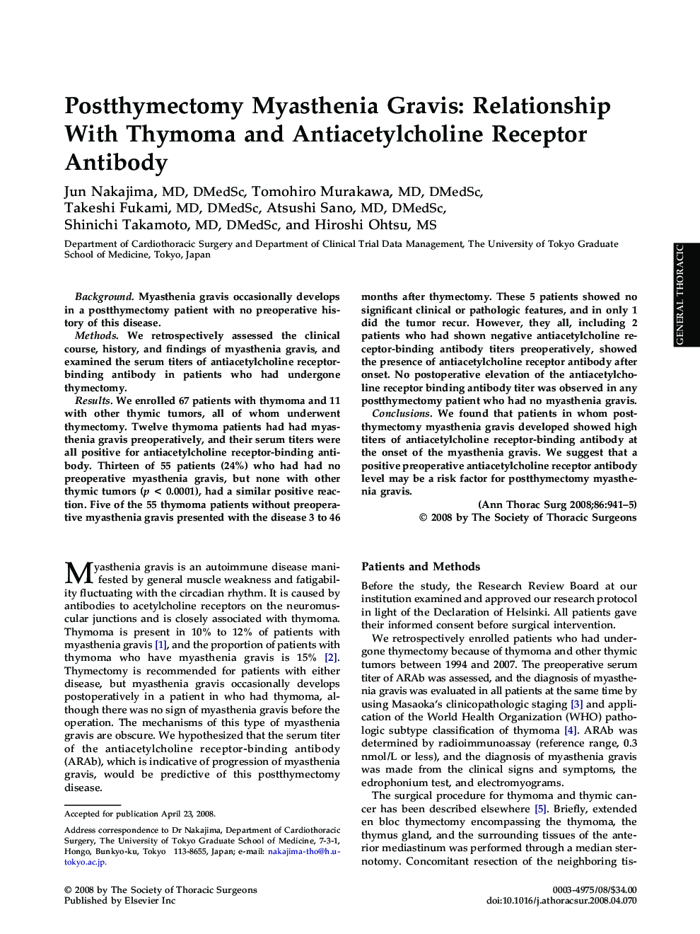 Postthymectomy Myasthenia Gravis: Relationship With Thymoma and Antiacetylcholine Receptor Antibody