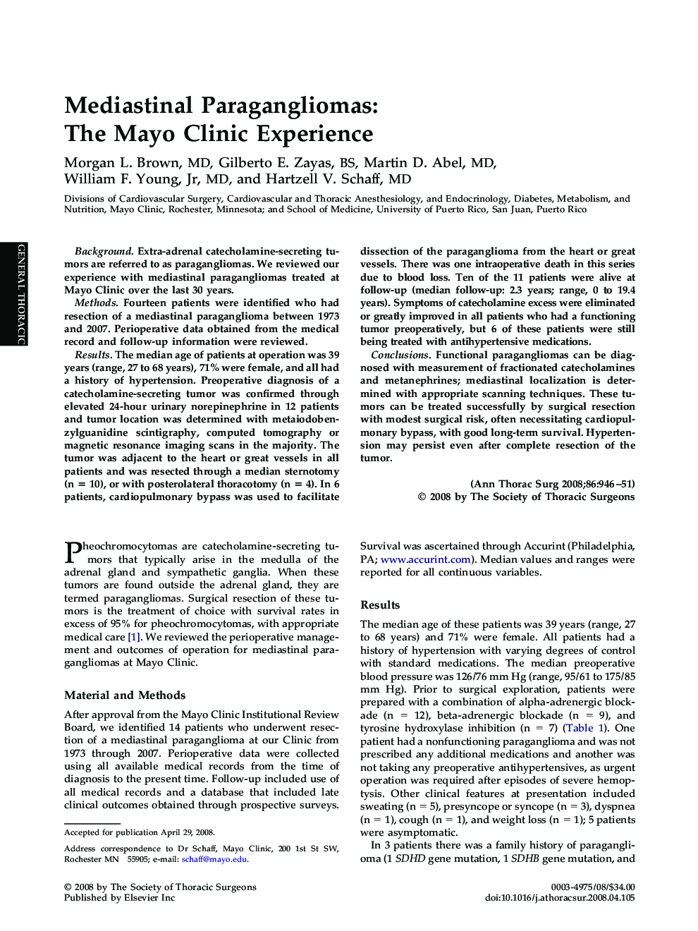 Mediastinal Paragangliomas: The Mayo Clinic Experience