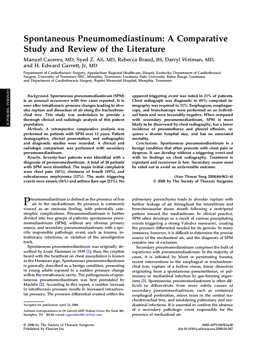 Spontaneous Pneumomediastinum: A Comparative Study and Review of the Literature