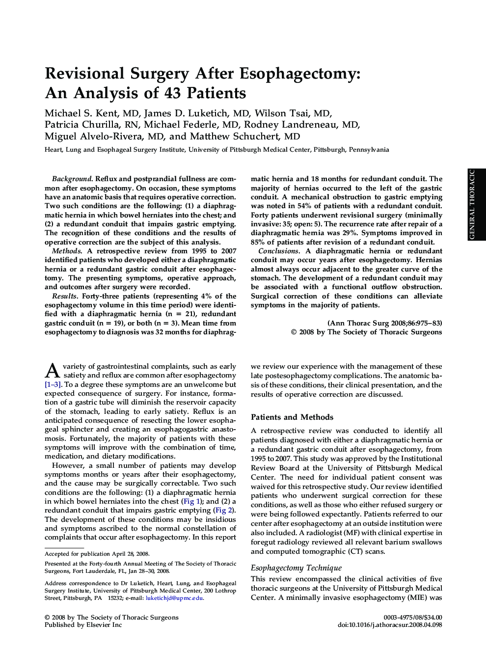 Revisional Surgery After Esophagectomy: An Analysis of 43 Patients