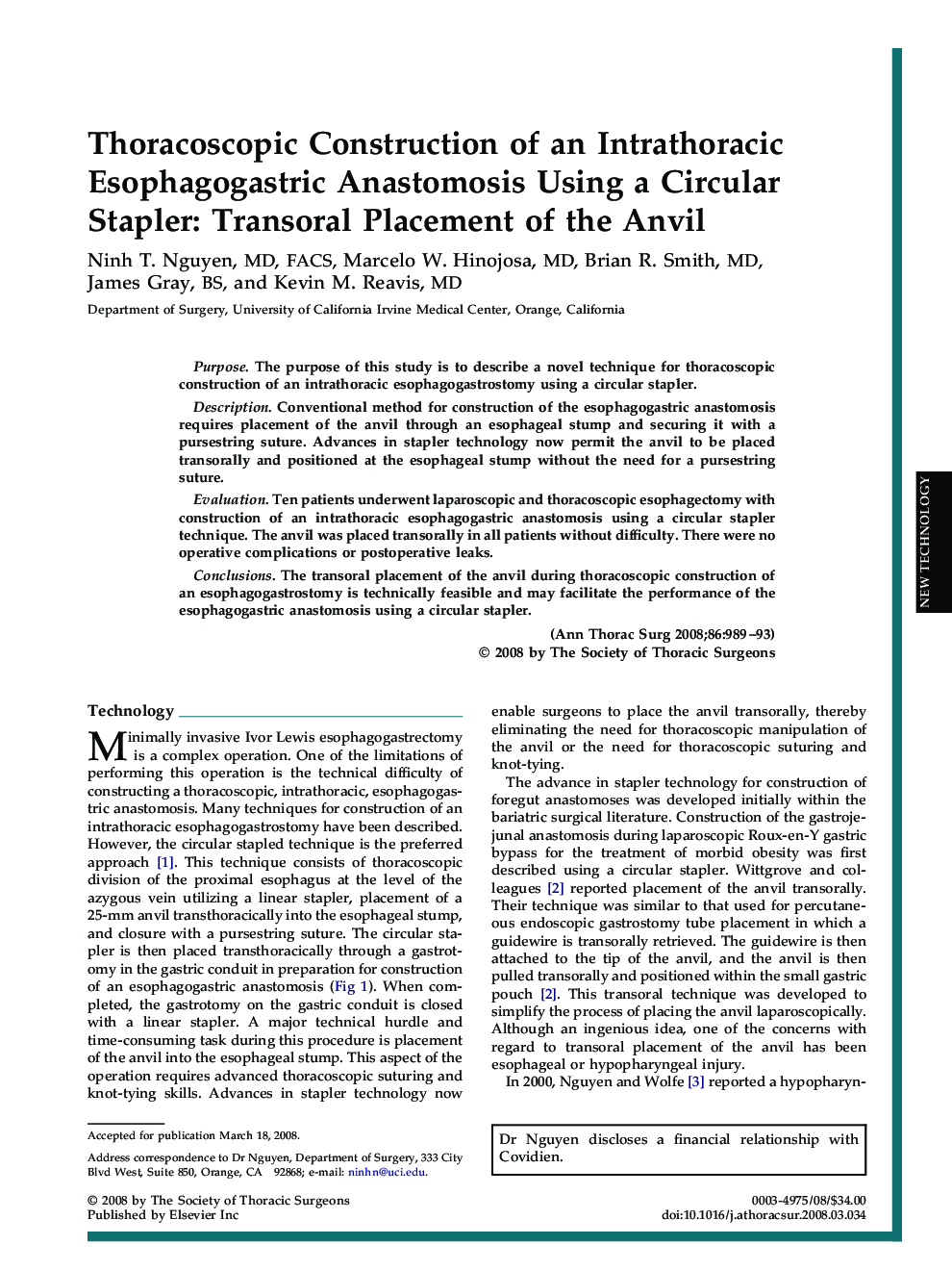 Thoracoscopic Construction of an Intrathoracic Esophagogastric Anastomosis Using a Circular Stapler: Transoral Placement of the Anvil