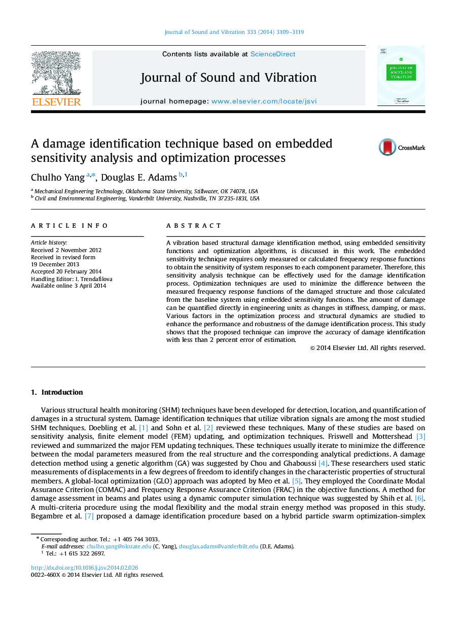 A damage identification technique based on embedded sensitivity analysis and optimization processes
