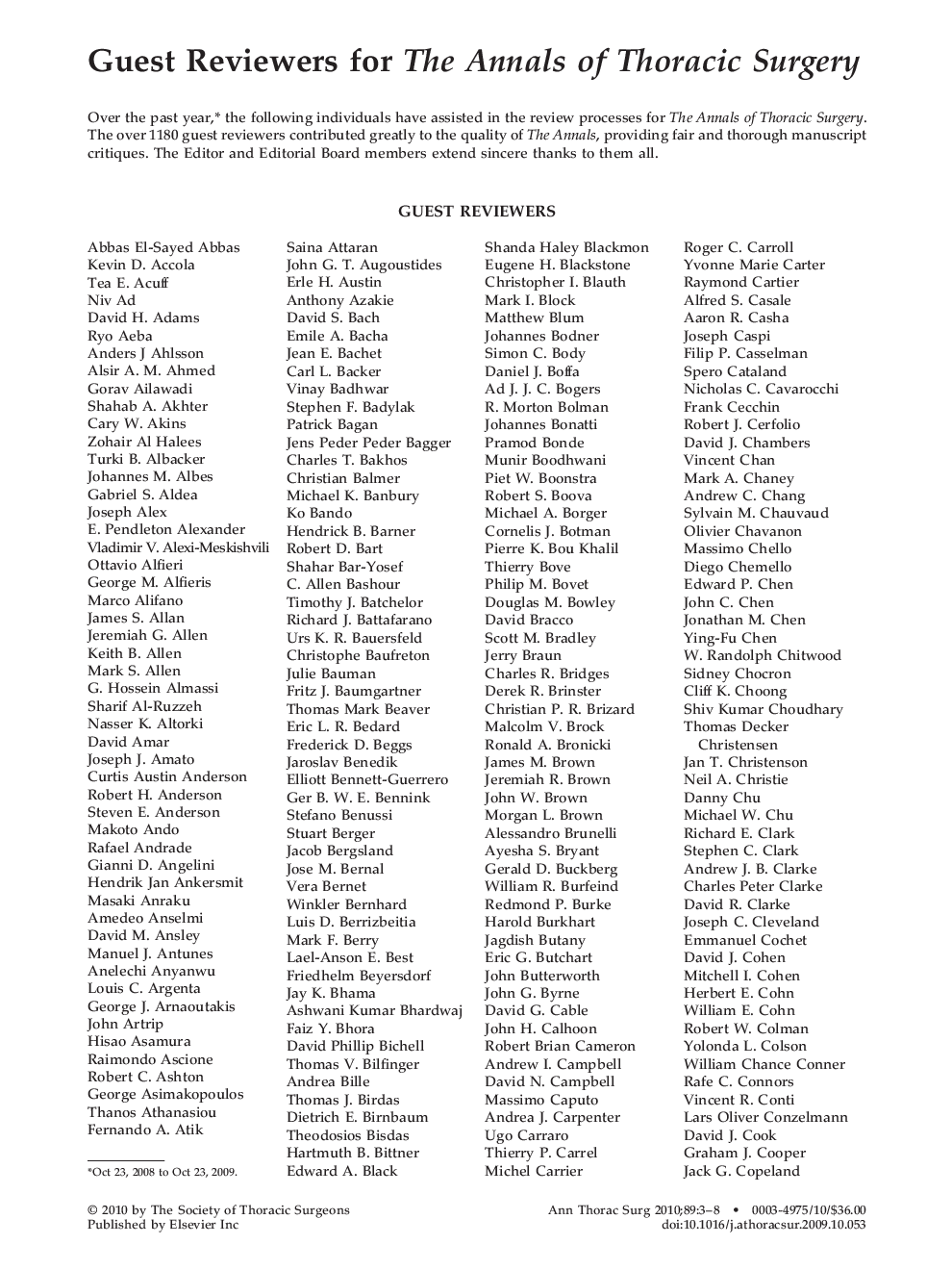 Guest Reviewers for The Annals of Thoracic Surgery