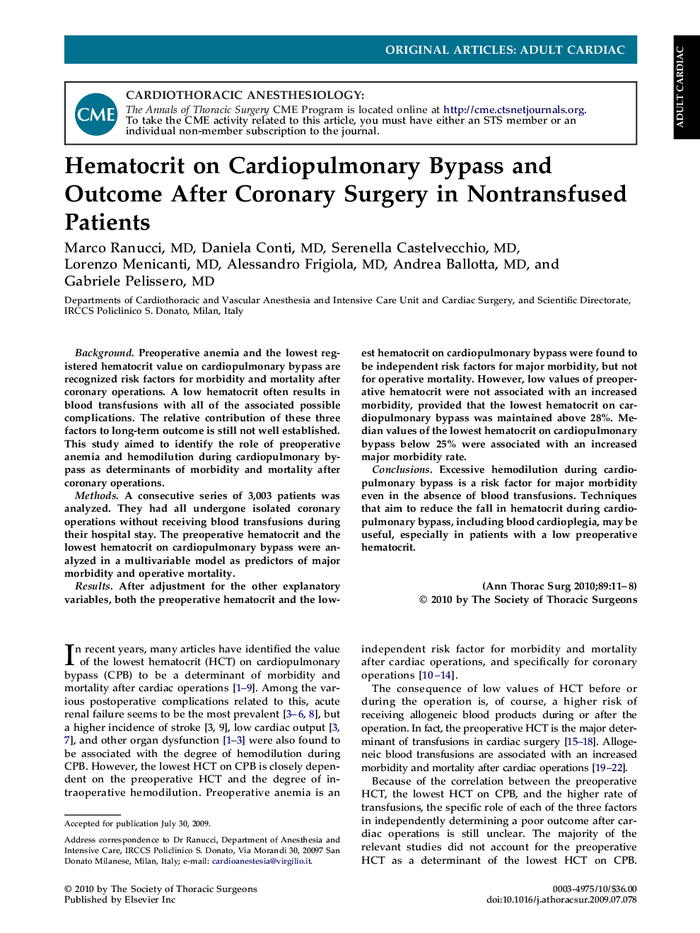 Hematocrit on Cardiopulmonary Bypass and Outcome After Coronary Surgery in Nontransfused Patients