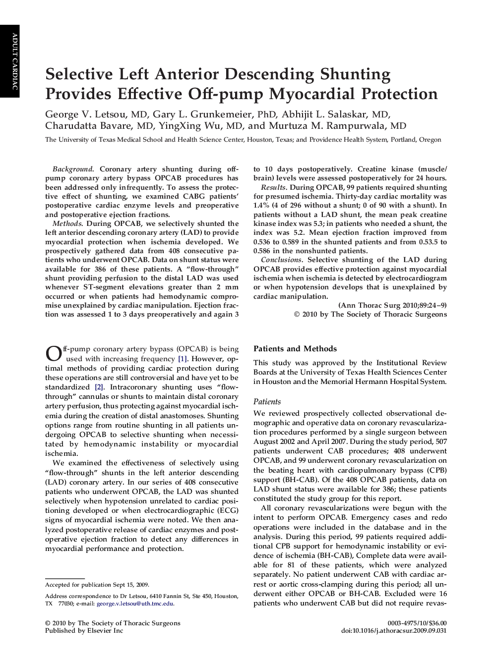 Selective Left Anterior Descending Shunting Provides Effective Off-pump Myocardial Protection