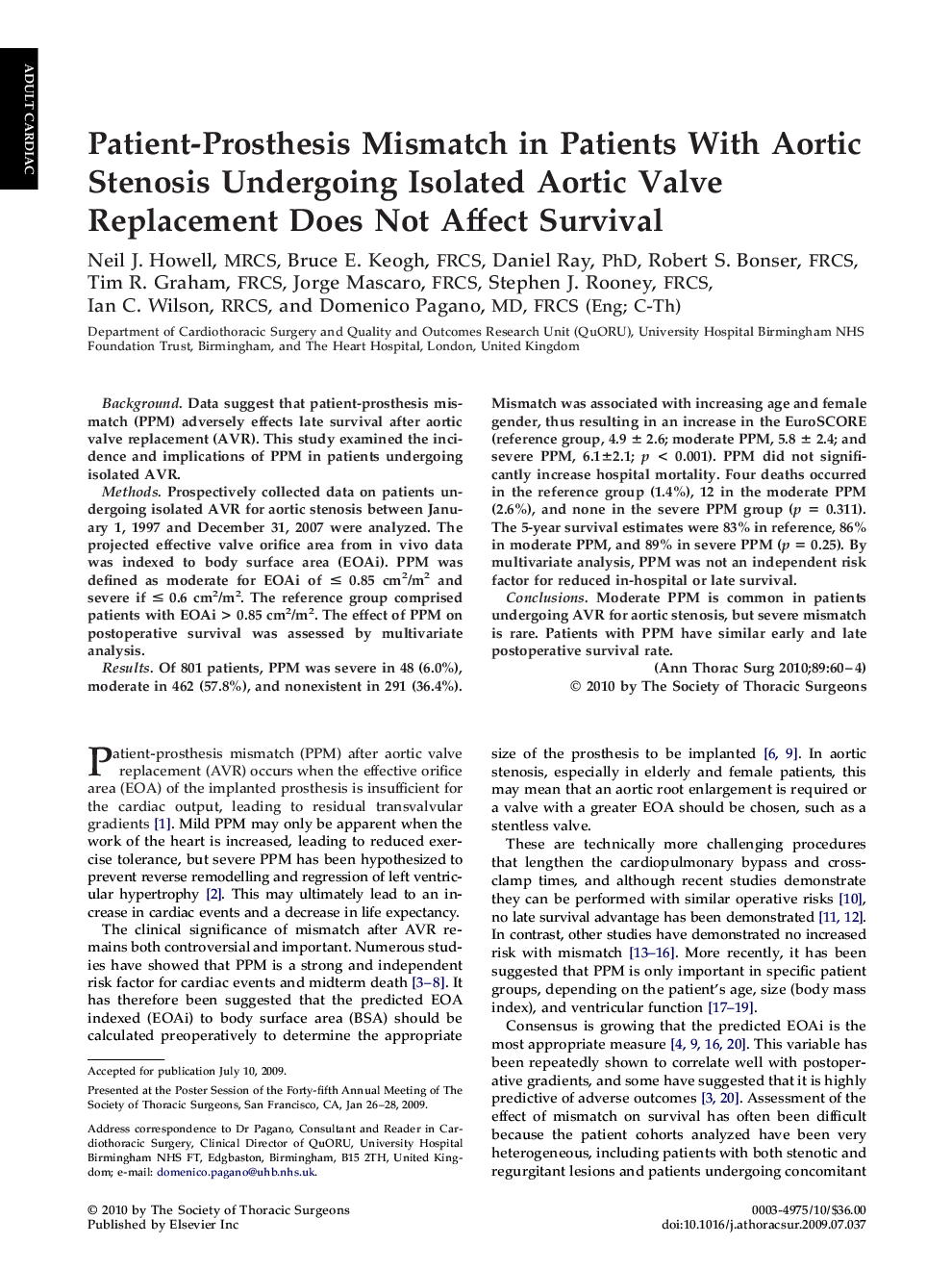Patient-Prosthesis Mismatch in Patients With Aortic Stenosis Undergoing Isolated Aortic Valve Replacement Does Not Affect Survival