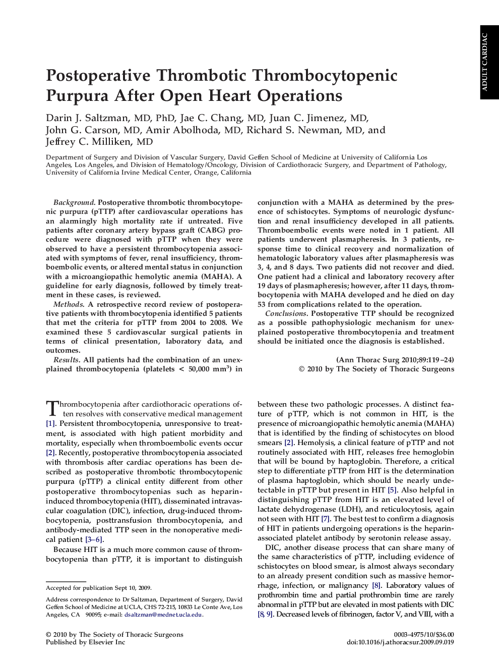 Postoperative Thrombotic Thrombocytopenic Purpura After Open Heart Operations