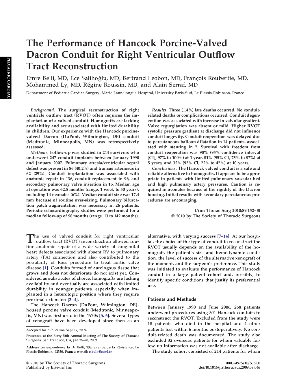 The Performance of Hancock Porcine-Valved Dacron Conduit for Right Ventricular Outflow Tract Reconstruction