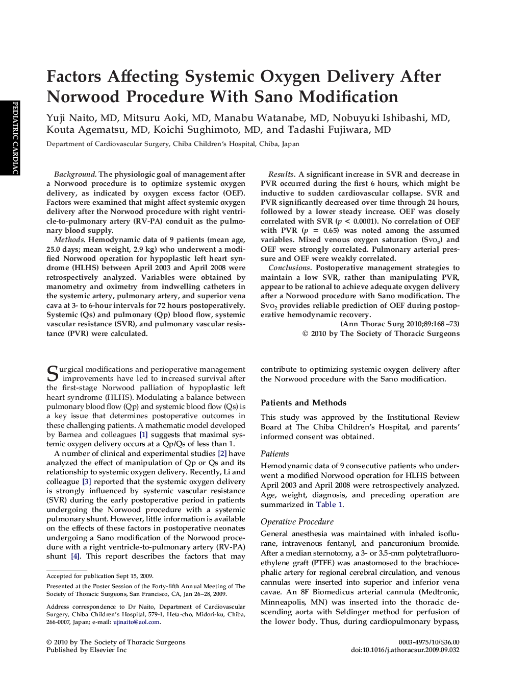 Factors Affecting Systemic Oxygen Delivery After Norwood Procedure With Sano Modification