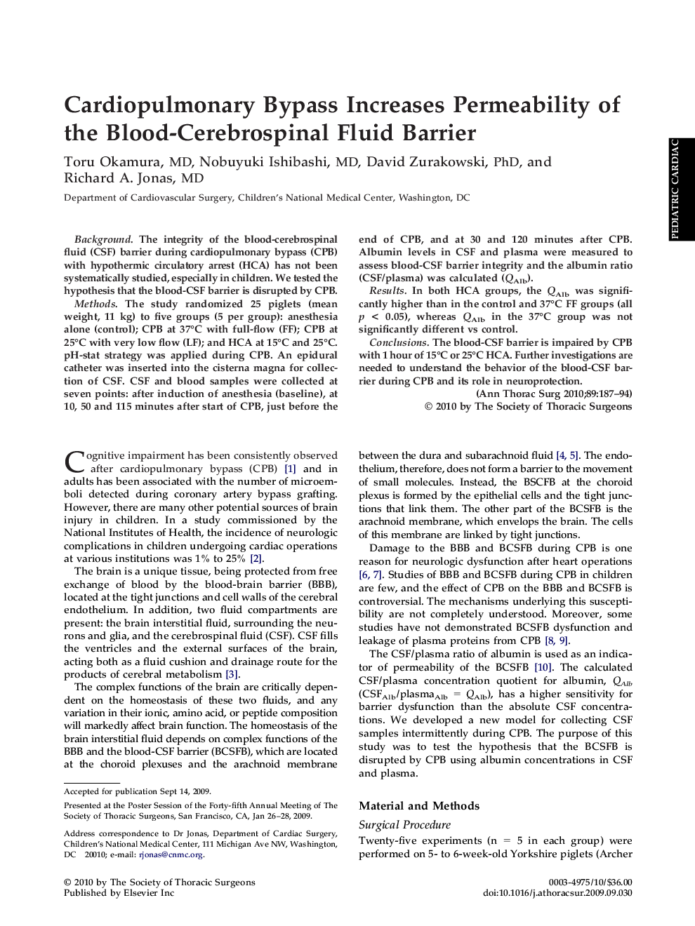 Cardiopulmonary Bypass Increases Permeability of the Blood-Cerebrospinal Fluid Barrier