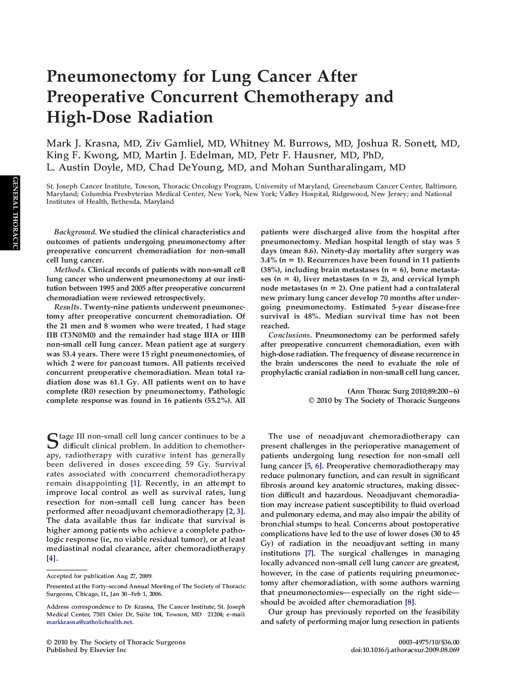 Pneumonectomy for Lung Cancer After Preoperative Concurrent Chemotherapy and High-Dose Radiation