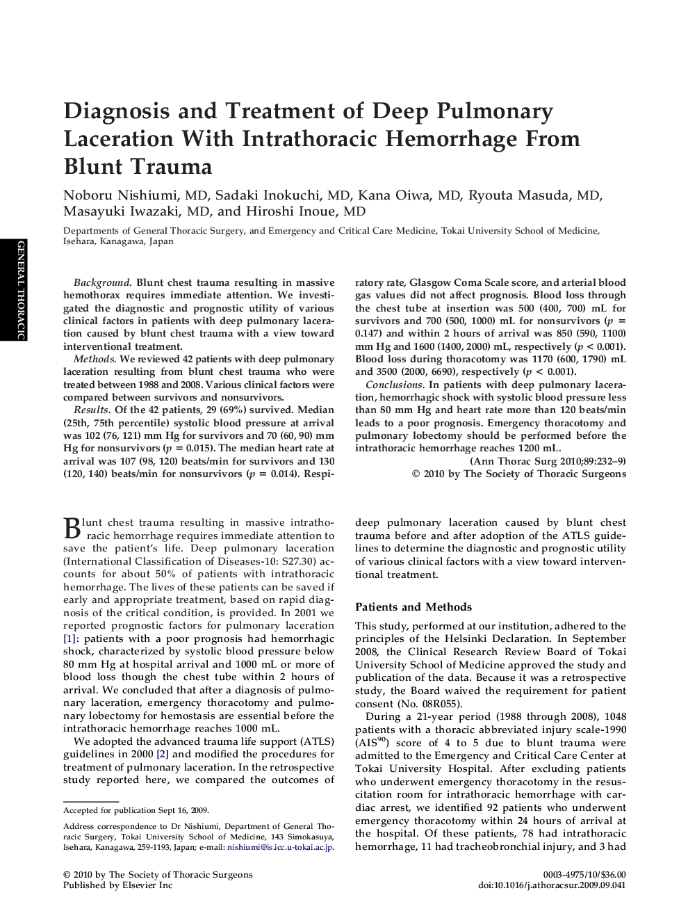 Diagnosis and Treatment of Deep Pulmonary Laceration With Intrathoracic Hemorrhage From Blunt Trauma