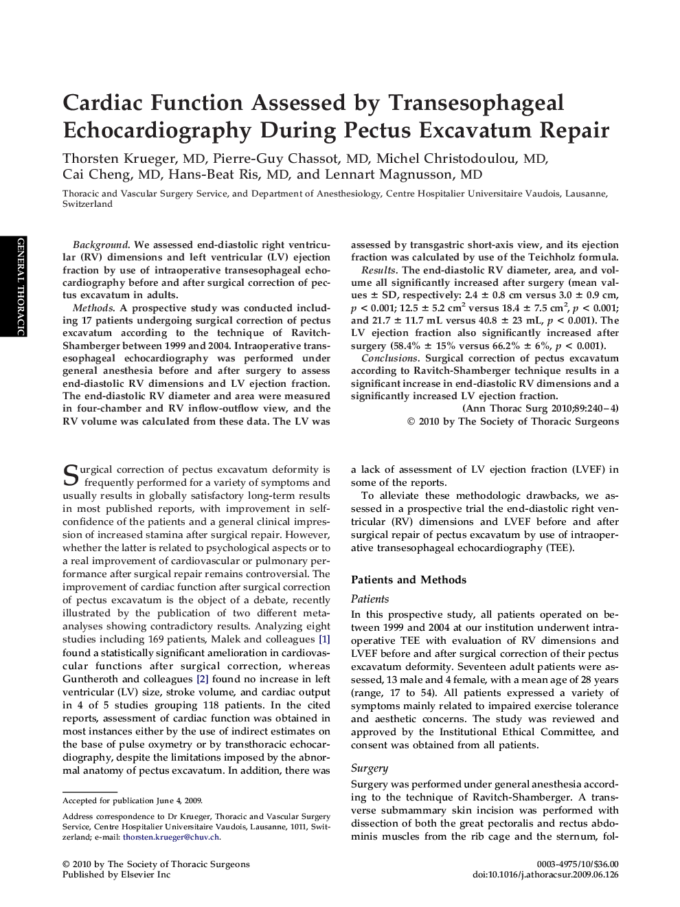 Cardiac Function Assessed by Transesophageal Echocardiography During Pectus Excavatum Repair