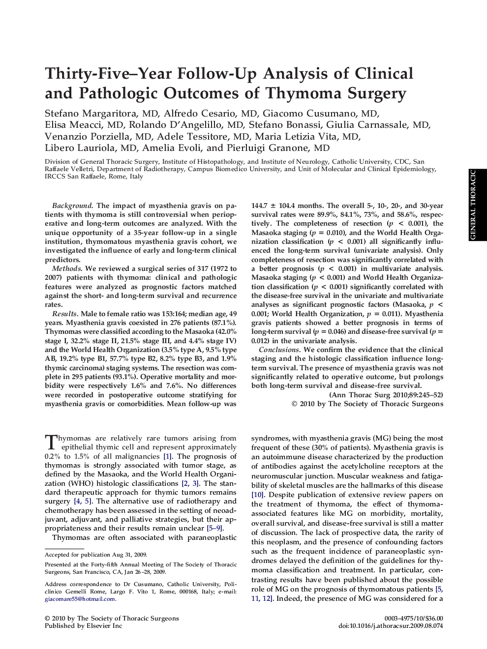 Thirty-Five-Year Follow-Up Analysis of Clinical and Pathologic Outcomes of Thymoma Surgery