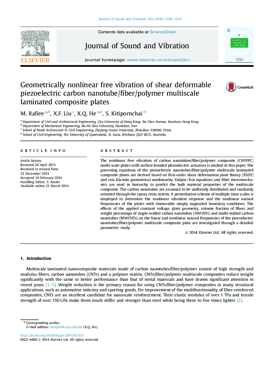 Geometrically nonlinear free vibration of shear deformable piezoelectric carbon nanotube/fiber/polymer multiscale laminated composite plates