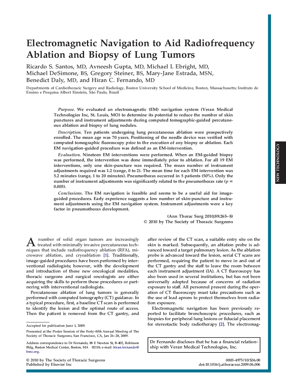 Electromagnetic Navigation to Aid Radiofrequency Ablation and Biopsy of Lung Tumors