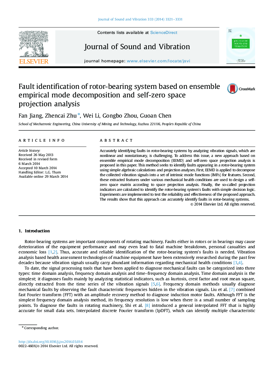 Fault identification of rotor-bearing system based on ensemble empirical mode decomposition and self-zero space projection analysis