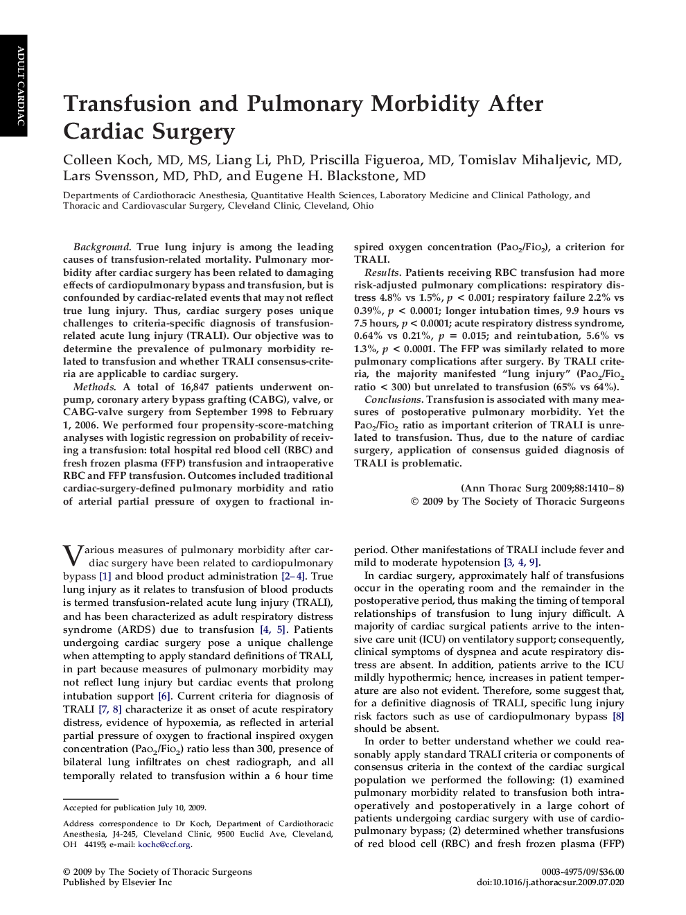Transfusion and Pulmonary Morbidity After Cardiac Surgery