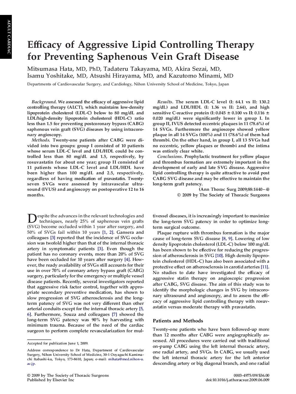 Efficacy of Aggressive Lipid Controlling Therapy for Preventing Saphenous Vein Graft Disease