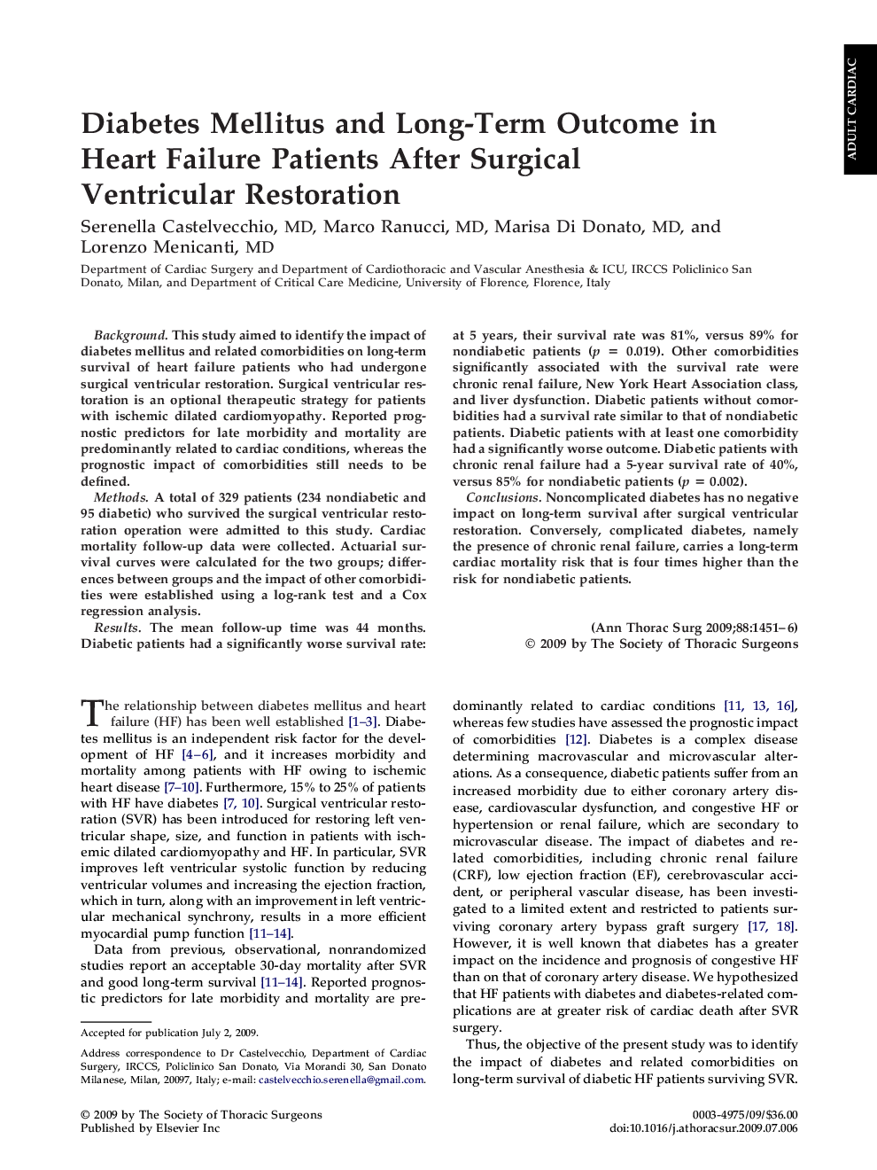 Diabetes Mellitus and Long-Term Outcome in Heart Failure Patients After Surgical Ventricular Restoration