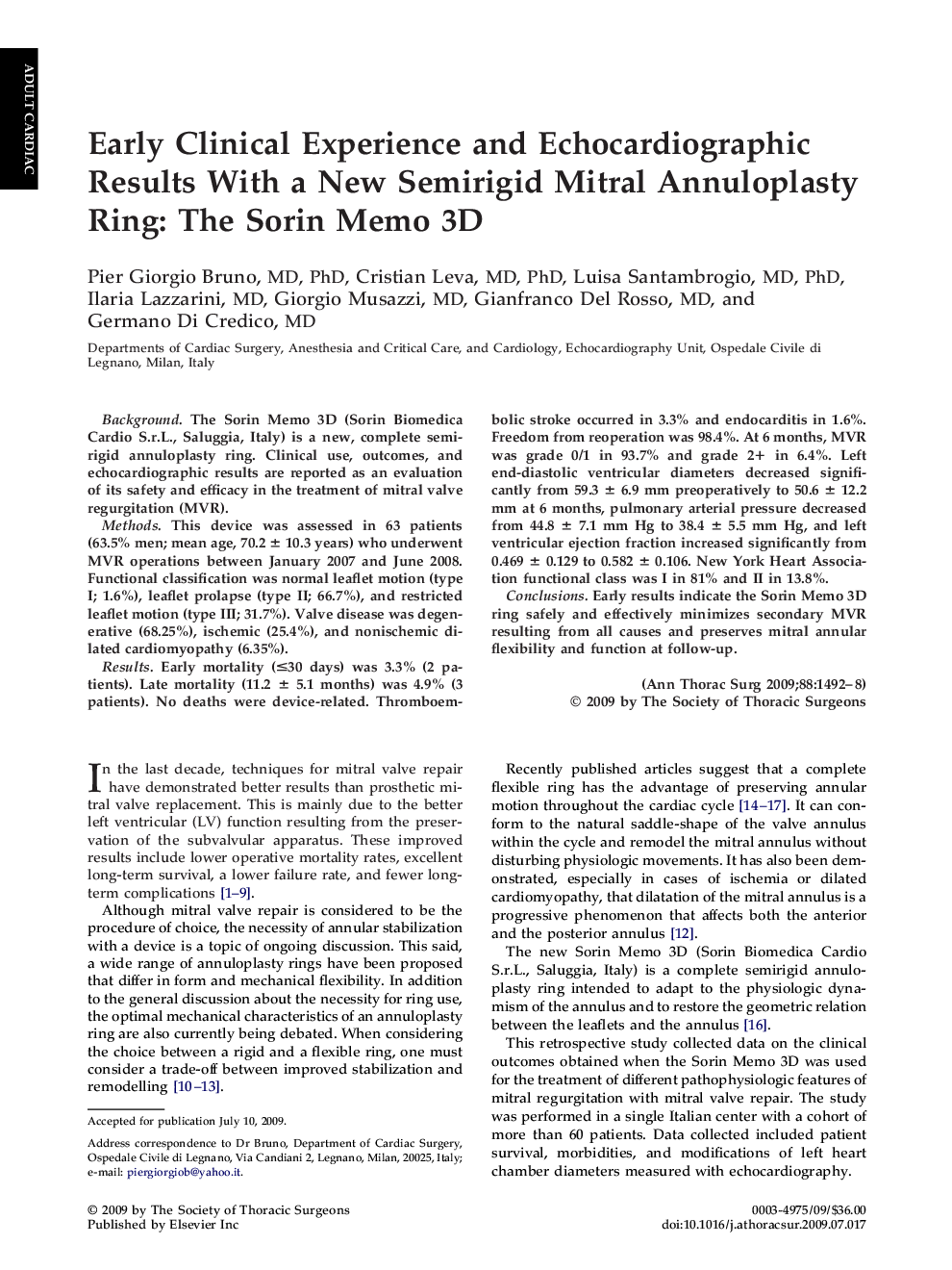 Early Clinical Experience and Echocardiographic Results With a New Semirigid Mitral Annuloplasty Ring: The Sorin Memo 3D