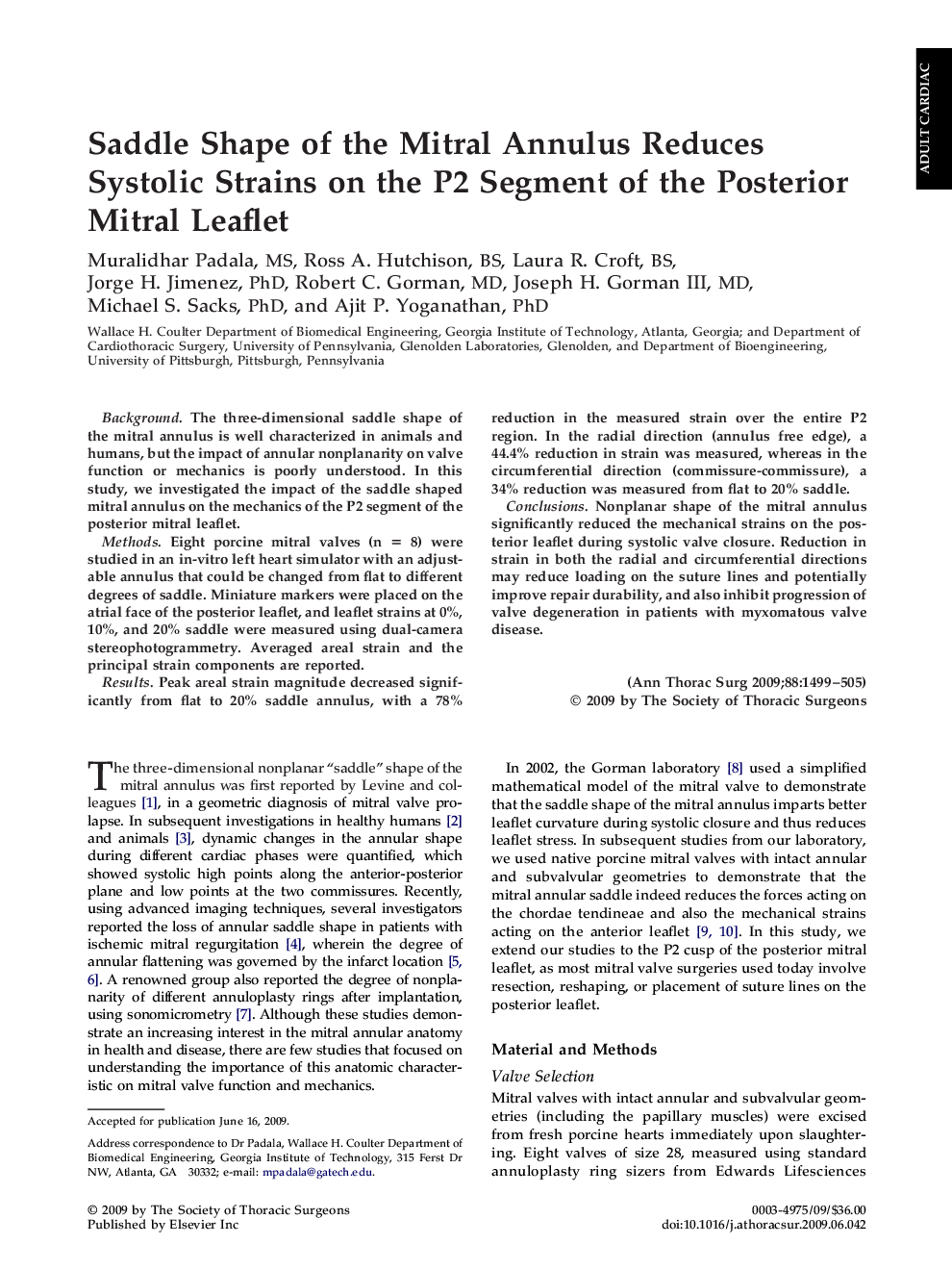 Saddle Shape of the Mitral Annulus Reduces Systolic Strains on the P2 Segment of the Posterior Mitral Leaflet