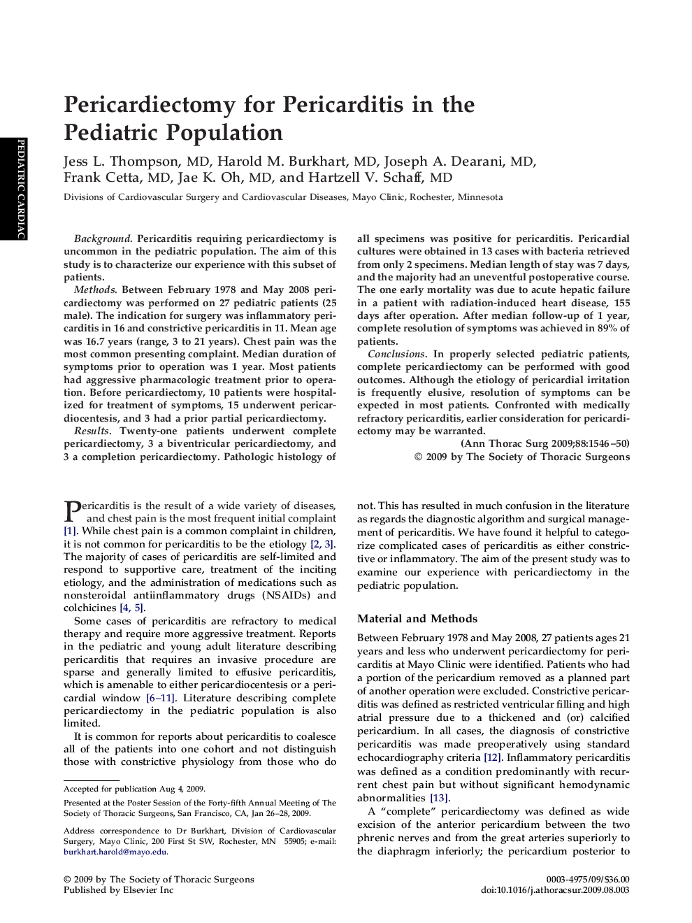 Pericardiectomy for Pericarditis in the Pediatric Population