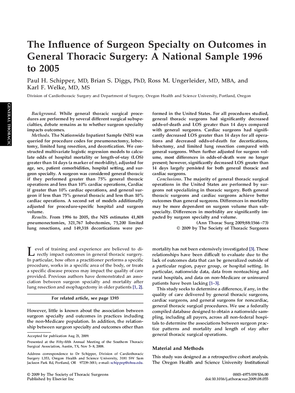 The Influence of Surgeon Specialty on Outcomes in General Thoracic Surgery: A National Sample 1996 to 2005