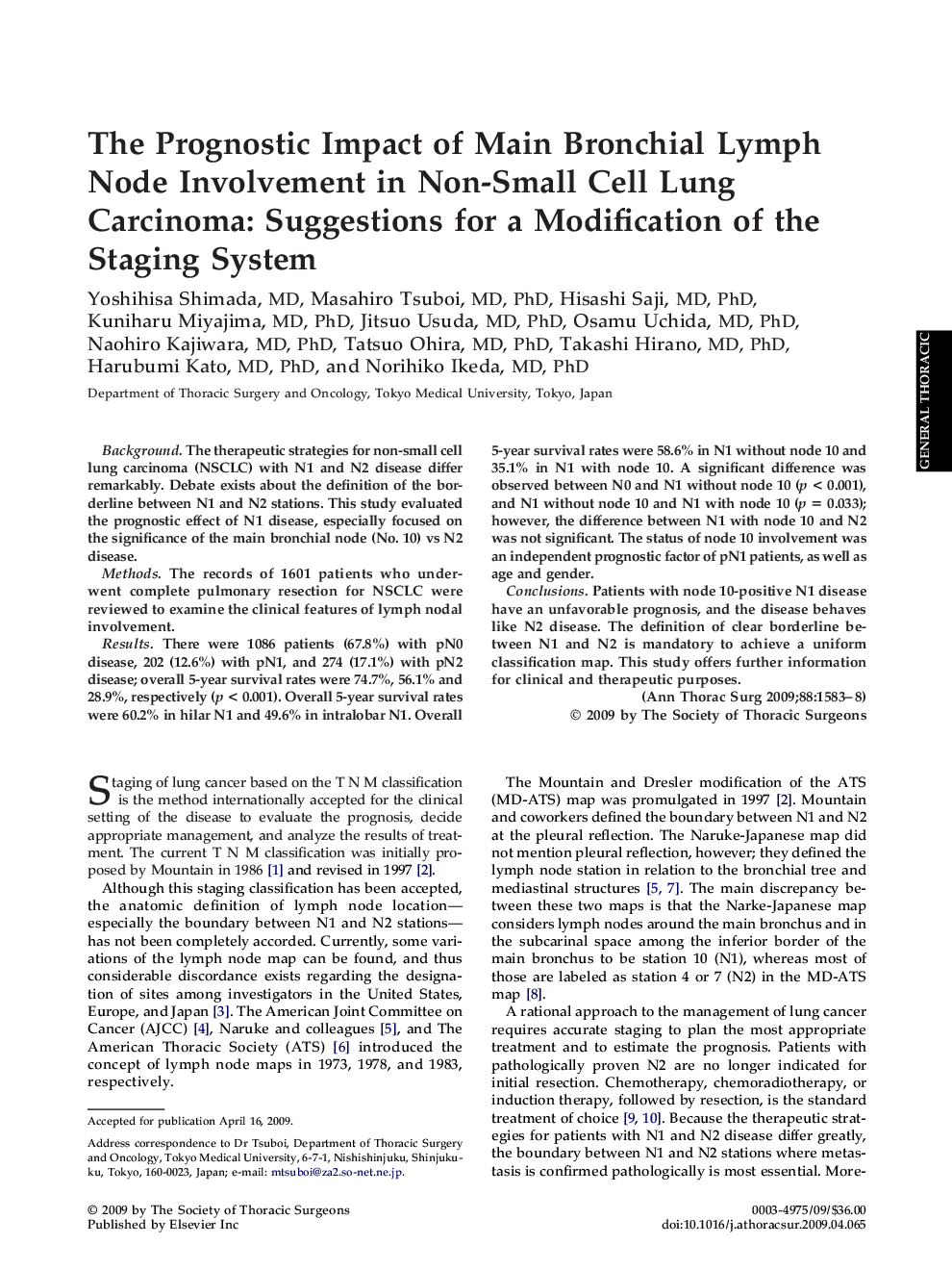 The Prognostic Impact of Main Bronchial Lymph Node Involvement in Non-Small Cell Lung Carcinoma: Suggestions for a Modification of the Staging System