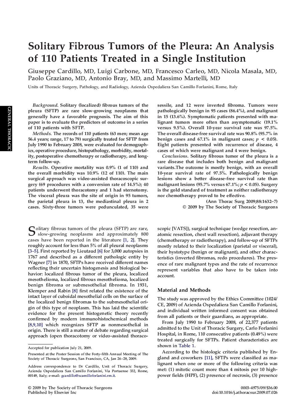 Solitary Fibrous Tumors of the Pleura: An Analysis of 110 Patients Treated in a Single Institution