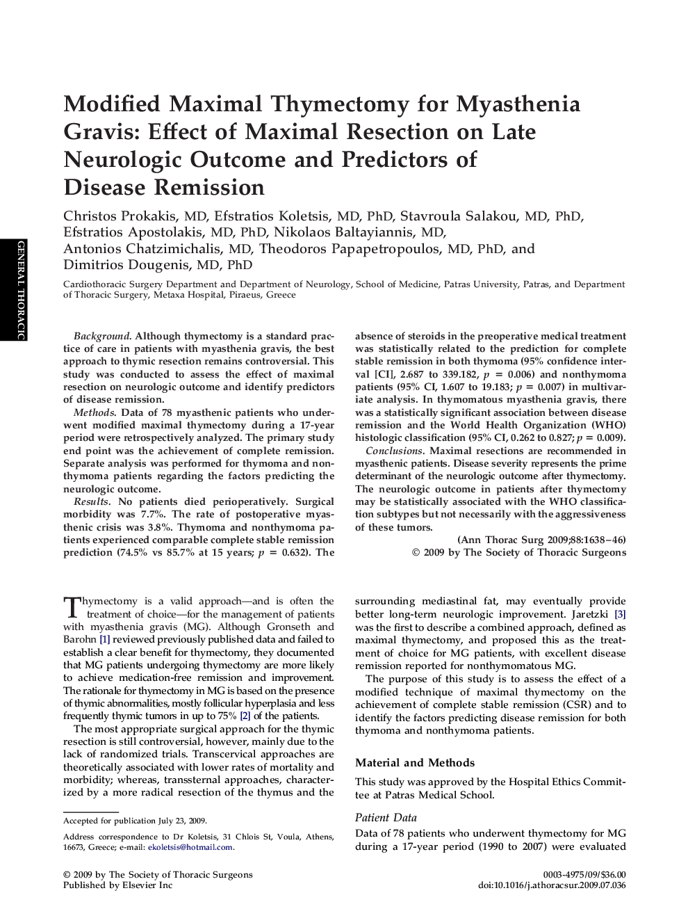 Modified Maximal Thymectomy for Myasthenia Gravis: Effect of Maximal Resection on Late Neurologic Outcome and Predictors of Disease Remission