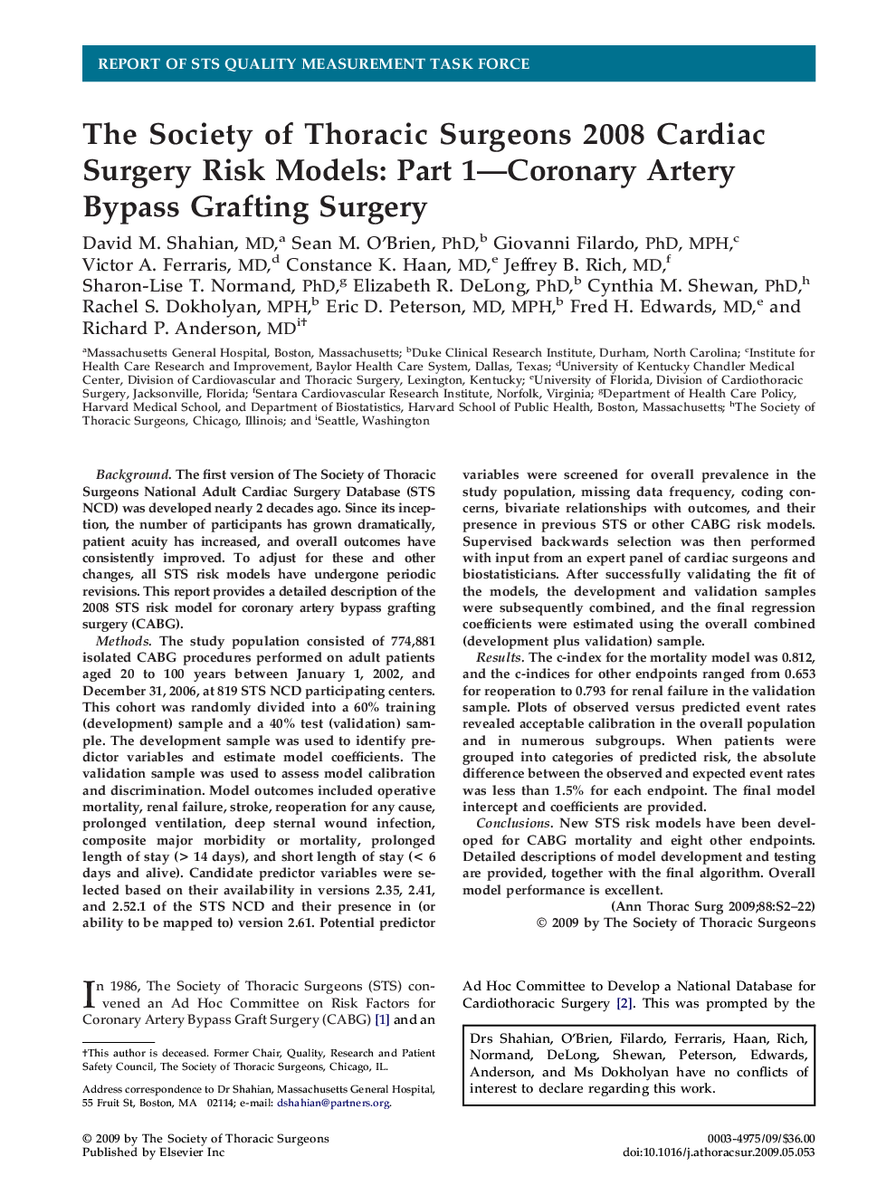 The Society of Thoracic Surgeons 2008 Cardiac Surgery Risk Models: Part 1-Coronary Artery Bypass Grafting Surgery