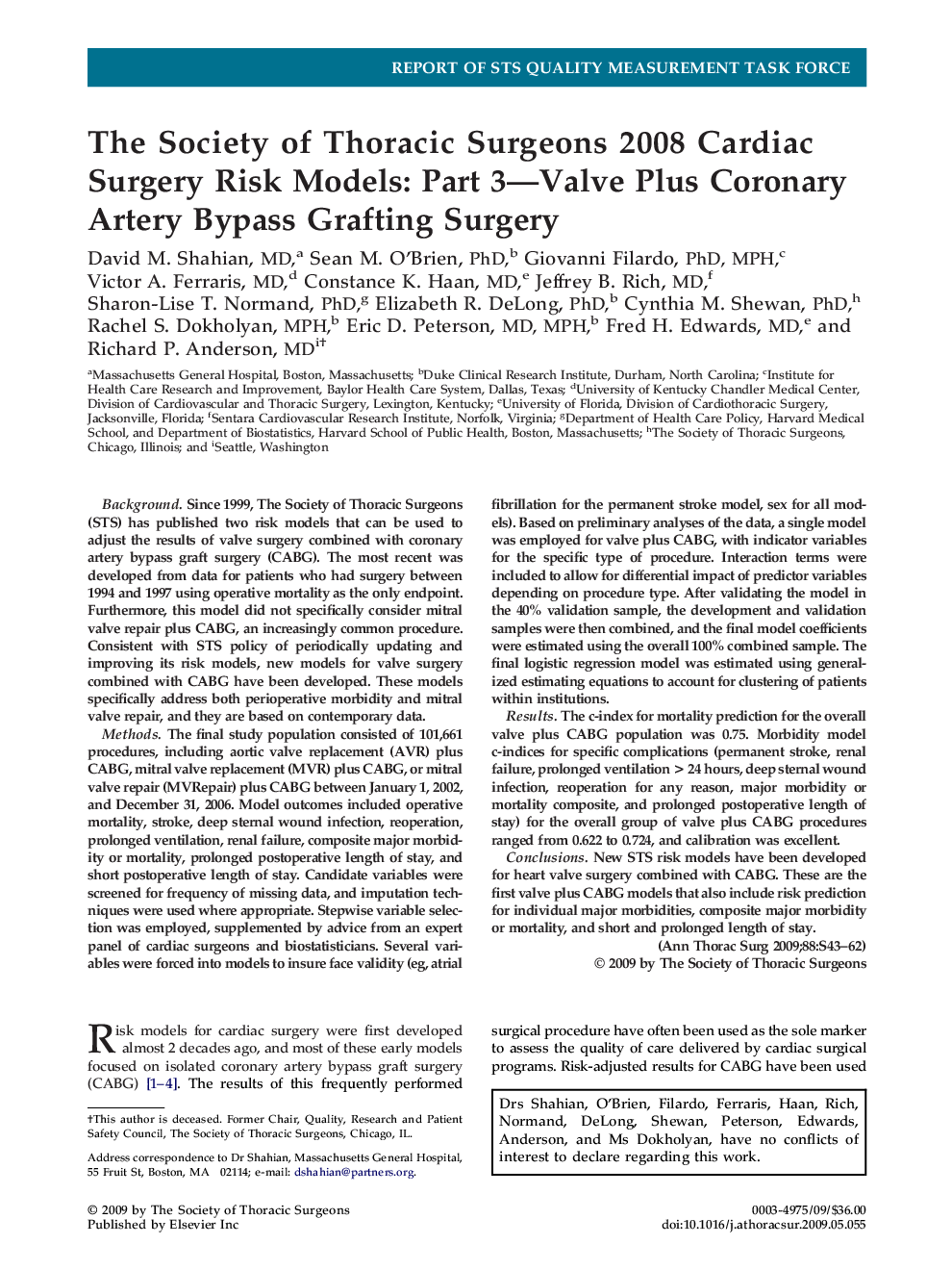 The Society of Thoracic Surgeons 2008 Cardiac Surgery Risk Models: Part 3-Valve Plus Coronary Artery Bypass Grafting Surgery