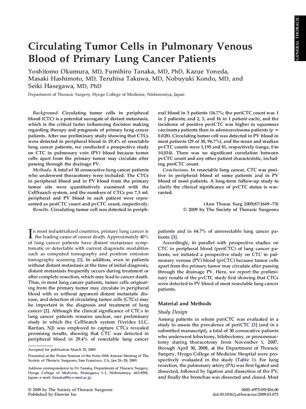 Circulating Tumor Cells in Pulmonary Venous Blood of Primary Lung Cancer Patients