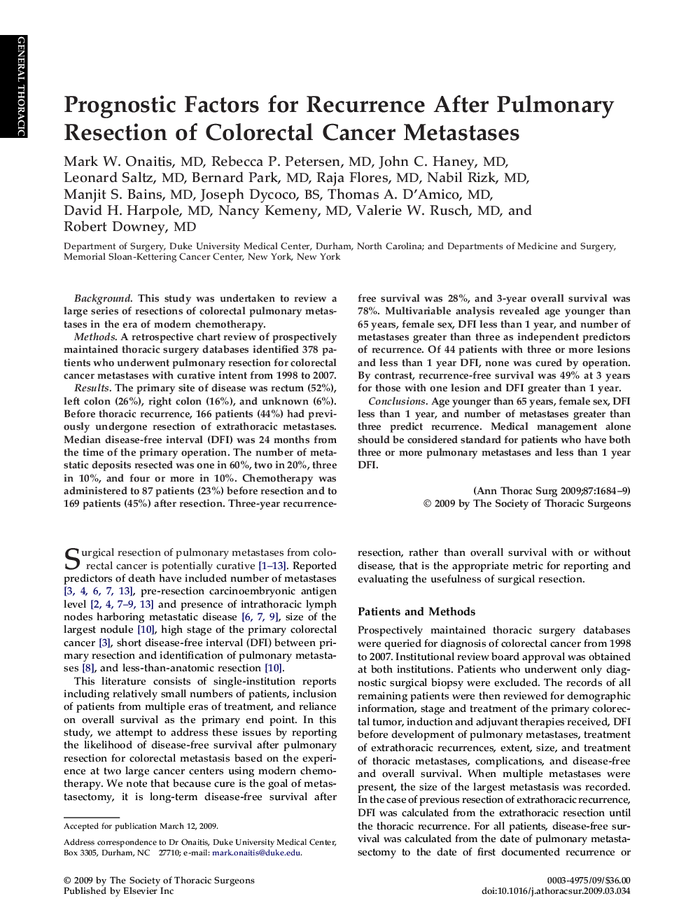 Prognostic Factors for Recurrence After Pulmonary Resection of Colorectal Cancer Metastases