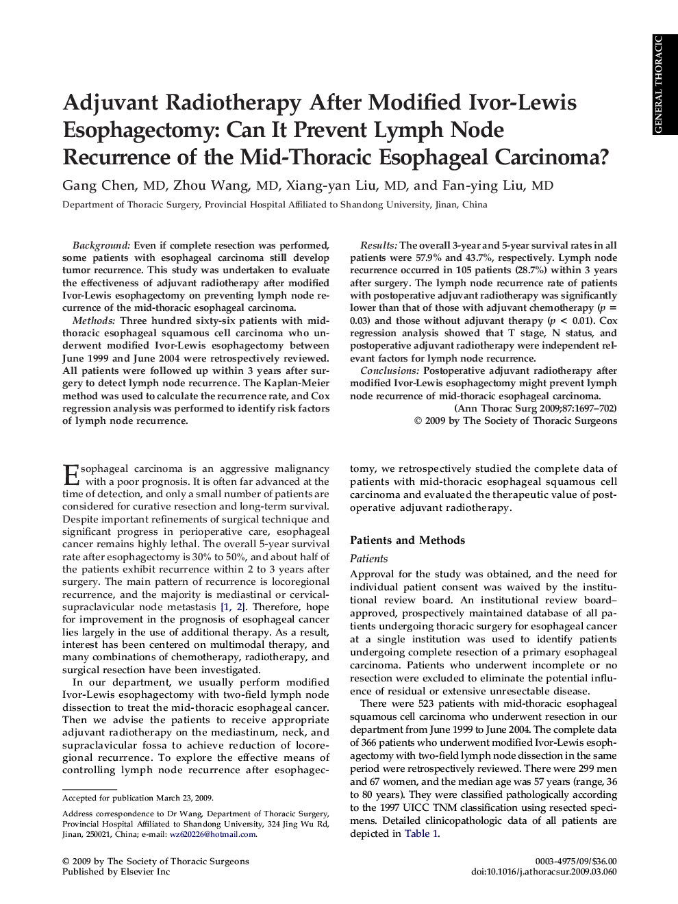 Adjuvant Radiotherapy After Modified Ivor-Lewis Esophagectomy: Can It Prevent Lymph Node Recurrence of the Mid-Thoracic Esophageal Carcinoma?