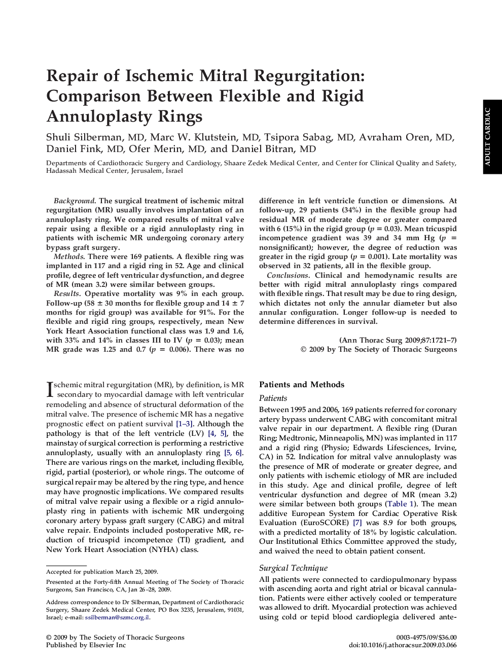 Repair of Ischemic Mitral Regurgitation: Comparison Between Flexible and Rigid Annuloplasty Rings