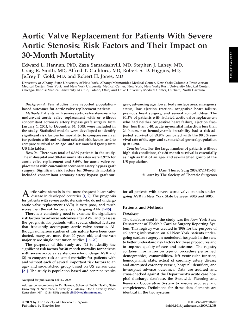 Aortic Valve Replacement for Patients With Severe Aortic Stenosis: Risk Factors and Their Impact on 30-Month Mortality